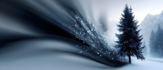 Snowy mountain landscape with lone pine, winter blur
