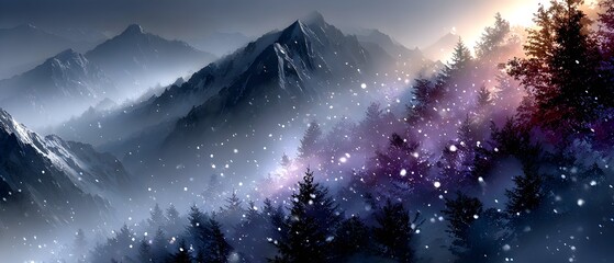 Snowy mountain forest sunrise, winter wonderland background