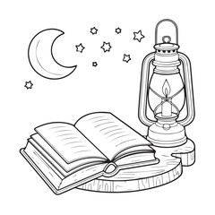 A captivating black and white illustration of an open book illuminated by an oil lantern under a crescent moon and stars, creating a serene and magical atmosphere