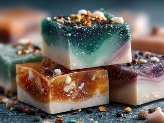 Sparkling artisan soaps, closeup, studio, dark background, gift