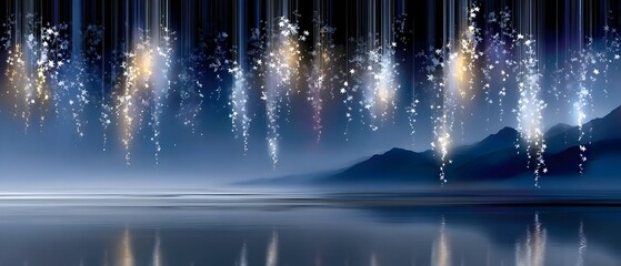 Sparkling Fireworks Over Calm Lake & Mountains