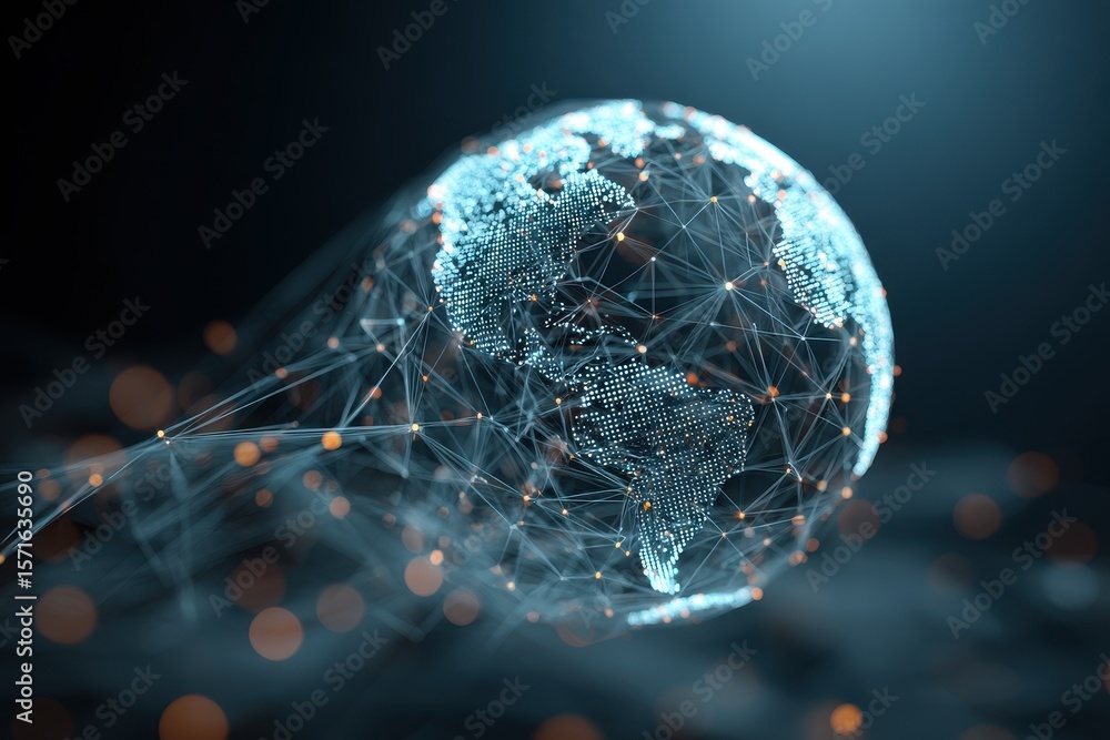 Poster digital globe hologram showcasing a network of connections and data points in a dark atmospheric set