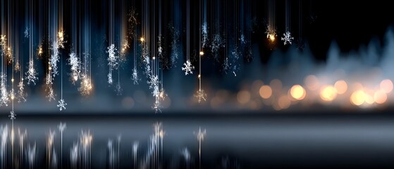 Sparkling snowflakes falling, dark background, blurry lights, holiday banner