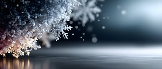 Sparkling snowflakes falling on reflective surface, winter background, holiday design