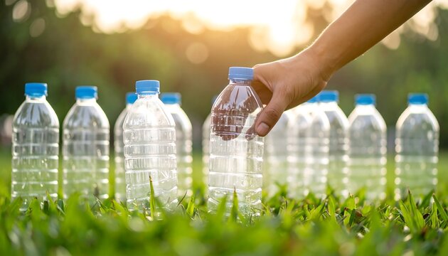 Hand picking up plastic bottle in grass - Powered by Adobe