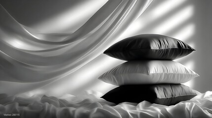 Stacked pillows, silk sheets, studio light, fabric backdrop, product photography