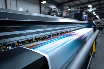 High-speed ultra wide format inkjet printer in action at a printing facility during daytime