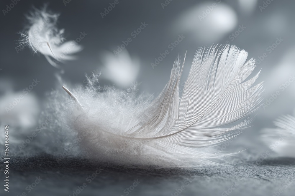 Poster close-up view of a delicate white feather resting on a soft gray surface amidst other scattered feat