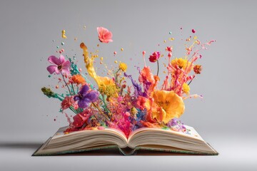 Open book floats in mid-air, surrounded by vibrant colors and flowers, creating an enchanting visual display of imagination at the peak of creativity