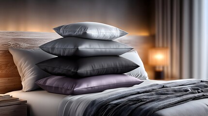 Stacked silk pillows on bedroom bed, night lamp, cozy