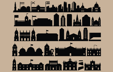 Naklejka premium Collection of diverse architectural silhouettes including modern skyscrapers and historical buildings with flags