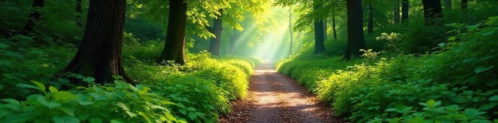 Sun-Dappled Forest Path A Tranquil Winding Trail Through Lush Green Foliage, Bathed in Magical Sunlight ? Perfect for Travel, Nature, and Serenity Themes