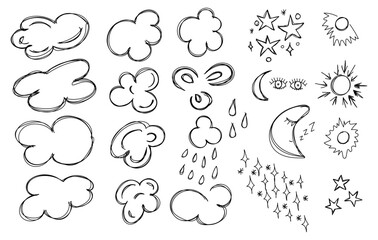 Hand-drawn cute vector set  cloud, eyes, drop of water, stars, sun, moon 