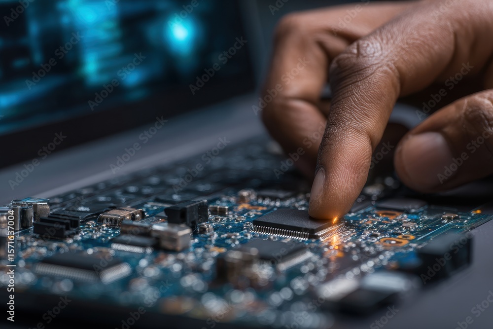Poster software engineer works on computer motherboard in modern office during late afternoon to troublesho