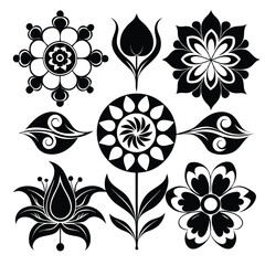 Collection of six distinct floral designs featuring botanical elements and decorative patterns isolated on white background