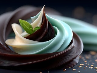 Swirled chocolate, mint, vanilla cream dessert, dark background, food photography
