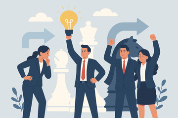 Business teamwork strategy concept. Corporate team planning, leadership, innovation, success. Chess pieces, lightbulb idea, businesspeople collaboration, challenge, victory, solution.
