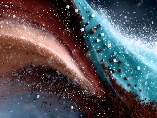 Swirling dessert explosion, studio shot, cocoa powder background, food advertising