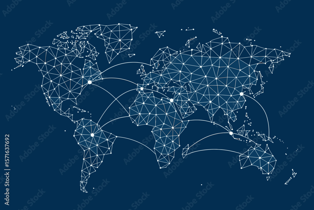 Poster global network connections world map. polygonal mesh lines and points. digital communication, intern