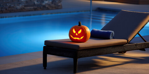 Jack o lantern pumpkin glowing on lounge chair by pool at night creating spooky atmosphere perfect for halloween festivities and outdoor relaxation