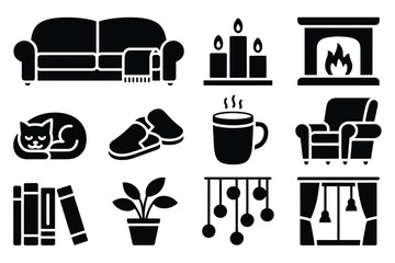 Minimalist cozy home and relaxation icon set

