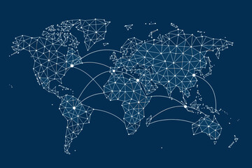 Global network connections world map. Polygonal mesh lines and points. Digital communication, internet, data exchange, technology, international business, connectivity concept vector