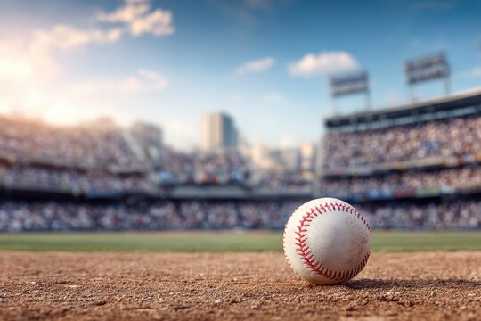 Panorama view of a vibrant baseball stadium showcasing an inviting baseball on the field during a sunny day