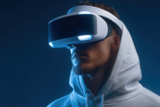 Man in virtual reality headset explores a surreal digital realm in dimly lit indoor environment during nighttime