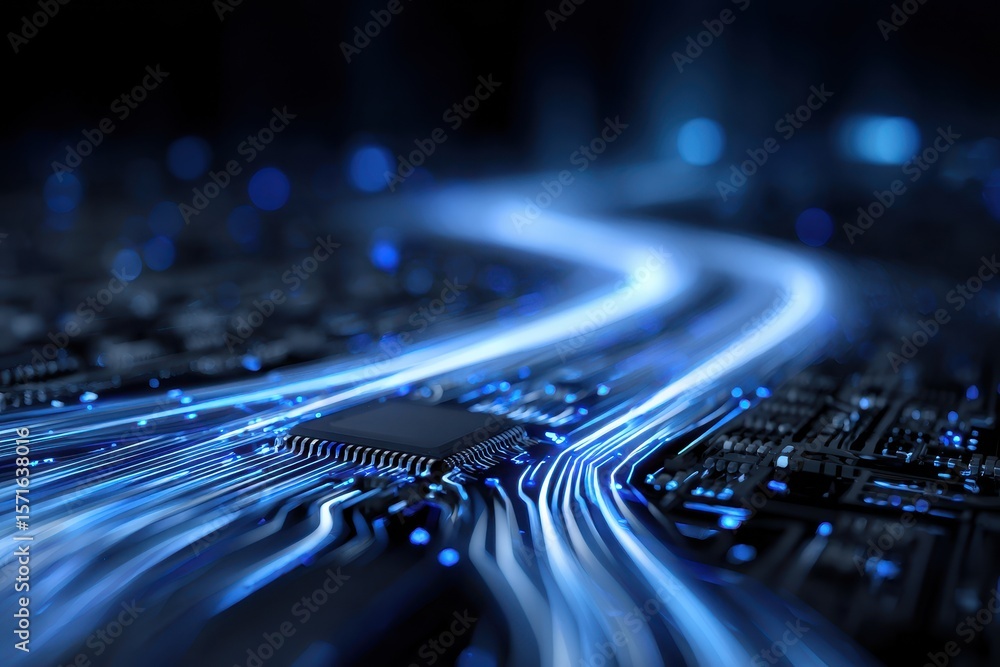 Poster detailed view of a computer circuit board with illuminated blue lines and a central processing unit,