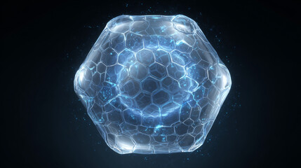 Glass transparent protection sphere shield. Sphere shield with hexagon pattern on blue background. Bubble shield in the form of a force energy field. Protection and safety concept. Vector illustration