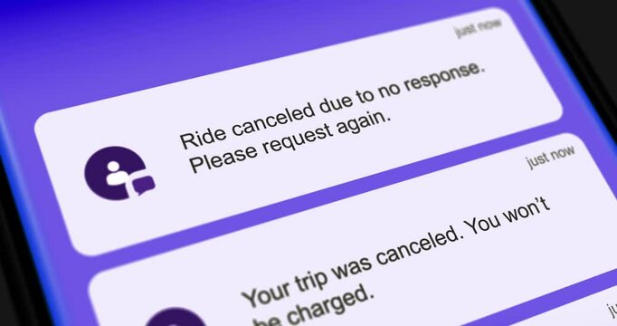 Suspended rideshare updates, canceled taxi trip notifications, incoming messages on smartphone screen, list of scrolling messages, footage