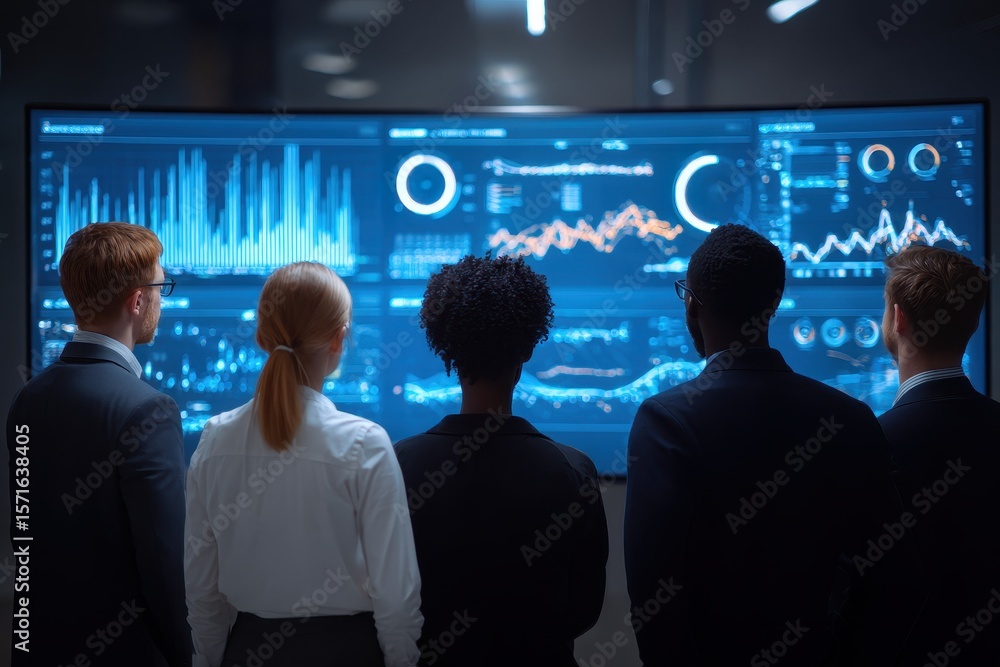 Poster group of professionals analyzing data trends on a large screen in a modern office during a collabora