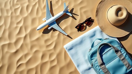 Flat lay of beach essentials on golden sand with wide-rim hat, sunglasses, body towel, and travel bag, airplane flying overhead in clear blue sky.