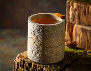 A light amber drink in a textured, stone-like glass, garnished with a spice
