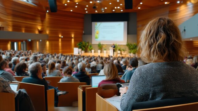 A large seminar hall is buzzing with attendees eager to hear about climate change solutions.