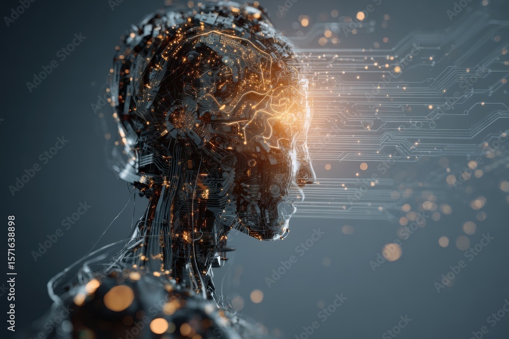 Poster graphical representation of artificial intelligence showcasing a futuristic humanoid figure integrat