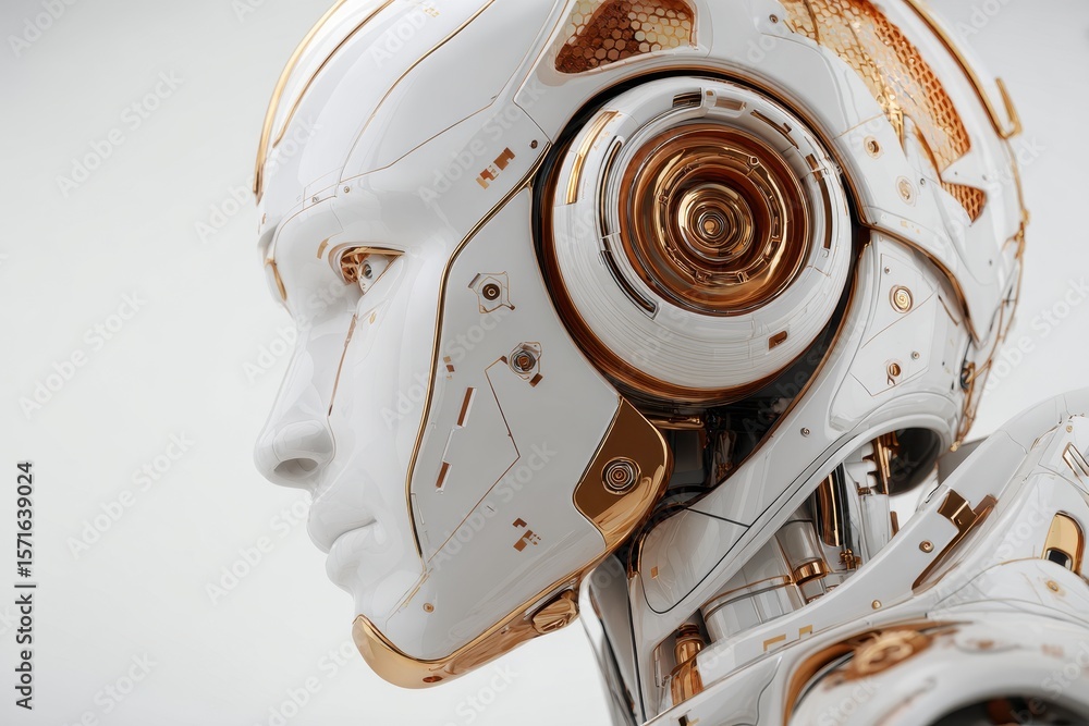 Poster visualization of advanced artificial intelligence technology showcasing an intricate robotic head wi