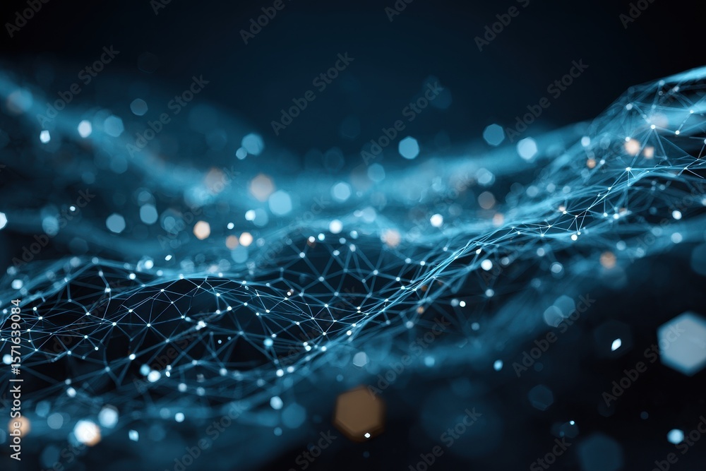 Poster futuristic abstract technology concept showcasing polygonal wave patterns with luminous points in a 