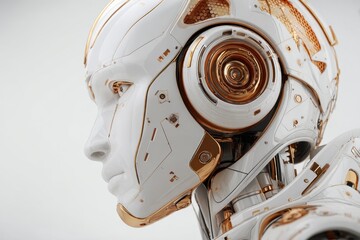 Fototapeta premium Visualization of advanced artificial intelligence technology showcasing an intricate robotic head with metallic features and a sleek design, highlighting the fusion of aesthetics and innovation