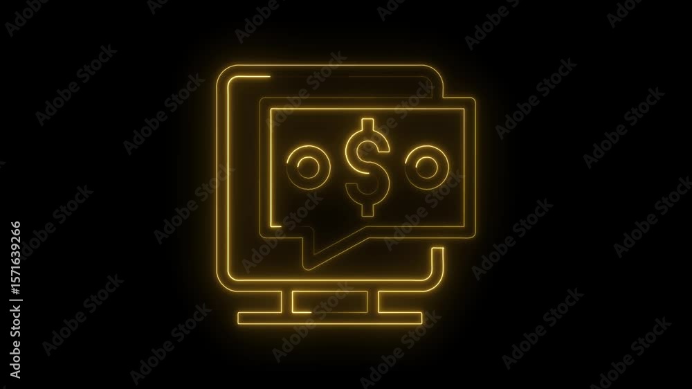 Poster golden neon computer screen showing online dollar sign transaction concept animated isolated