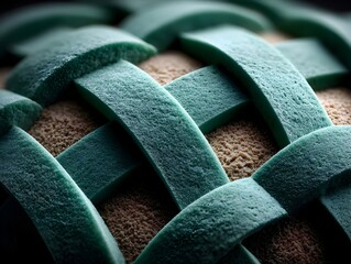 Teal woven sphere texture, close-up, dark background, product design