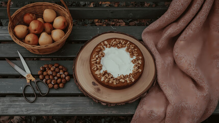 Rustic homemade walnut cake with cream frosting on wooden board, cozy autumn baking scene with natural ingredients and warm textures