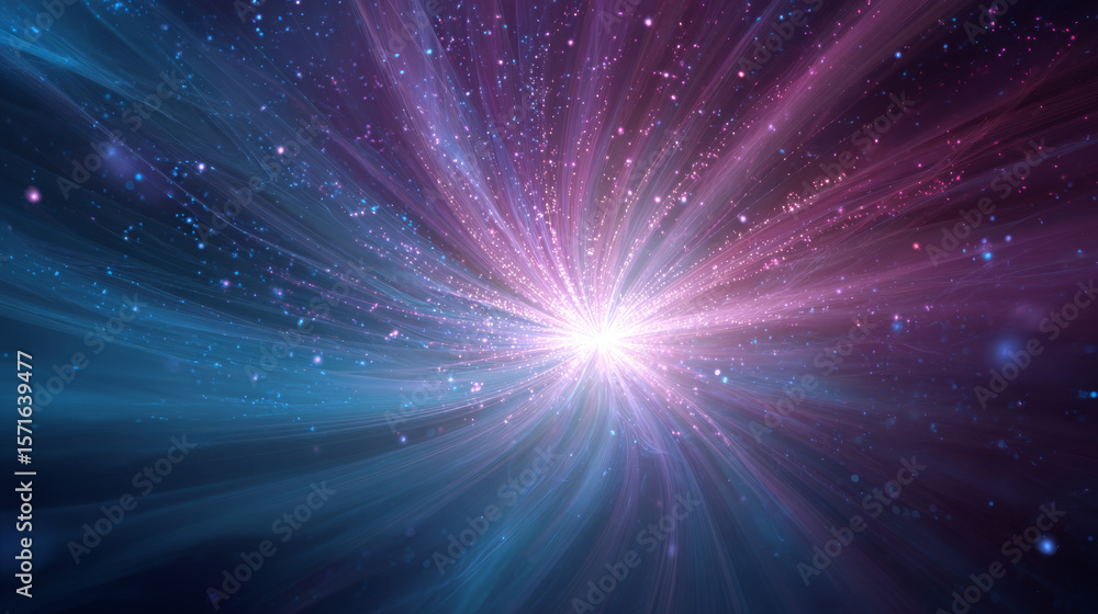 Poster futuristic vibrant abstract background with radial burst of light and energy emanating from center. 