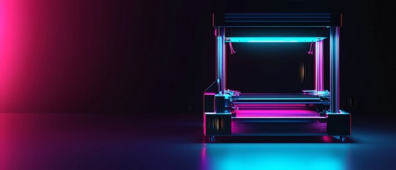 A futuristic 3D printer glowing with neon lights
