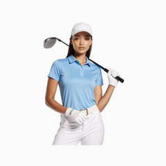 Golf Player in Light Blue Polo: A female golfer confidently poses with her golf club, dressed in a stylish light blue polo shirt and white golf pants. Her posture exudes athleticism and expertise.