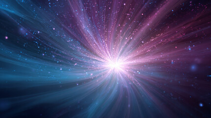 Futuristic vibrant abstract background with radial burst of light and energy emanating from center. Blue, purple, and pink light beams radiate, and glowing particles effects. Vector illustration