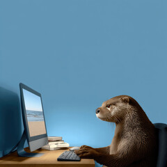 Otter computer desk keyboard blue wall animal office digital workspace books creative focused modern technology mammal sitting screen internet