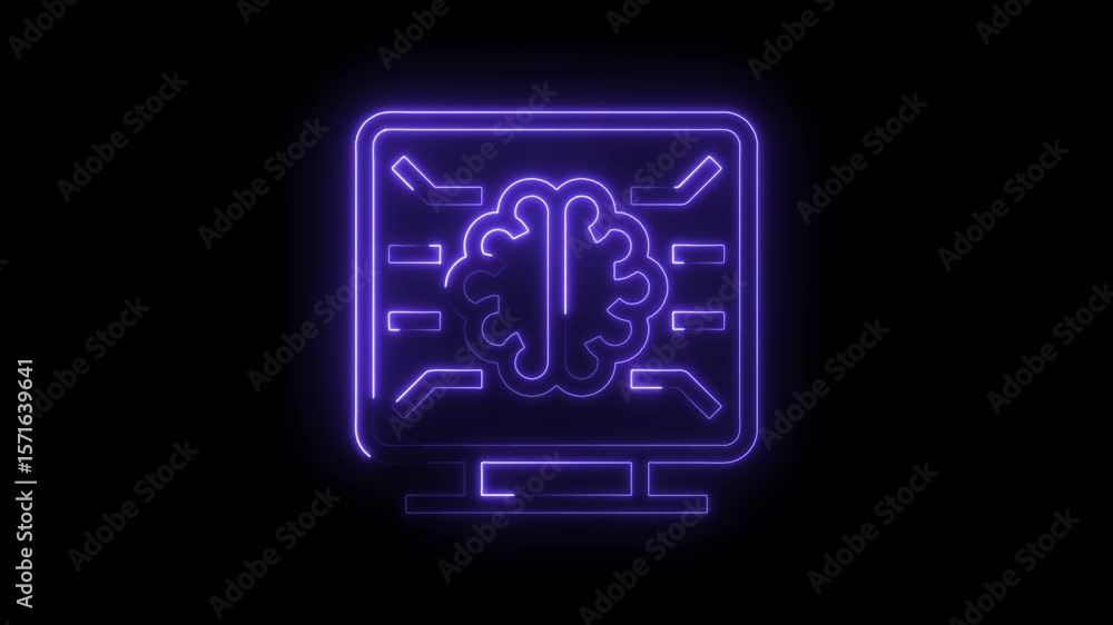 Poster artificial intelligence brain on computer screen animation in purple neon glow on black background