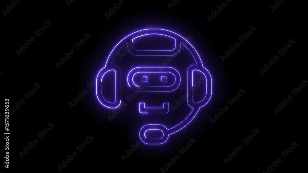 Poster neon cyber support robot with headset for virtual assistance and ai customer service