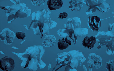 Stylized flowers in a blue monochrome palette with digital processing. Ideal for backgrounds, fabric prints, and trendy digital artwork